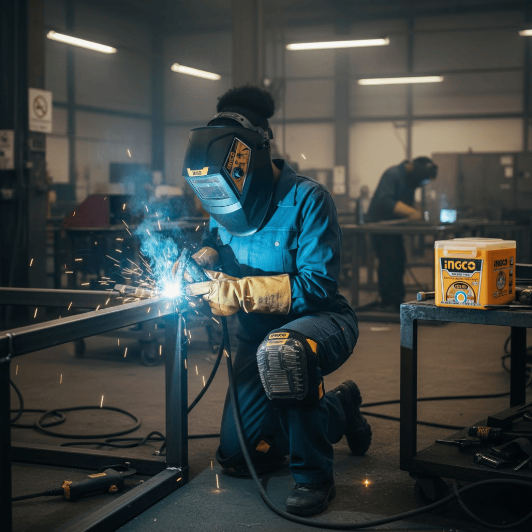 SM Essential Bundles Protective Gear Welding Safety & Finishing Kit - Ingco Auto Darkening Welding Helmet with UV/IR Protection (AHM008),  50-Piece Abrasive INOX Metal Cutting Disc Set (115mm x 1.2mm), Safety Kneepads with Impact-Resistant Shell (HKPT0101)