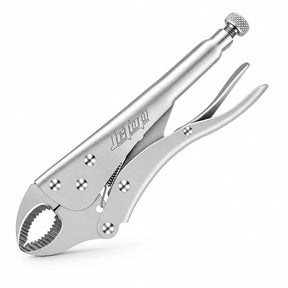 JcTop 10-inch silver curved jaw locking pliers with serrated jaws, adjustment screw and release lever on a white background.