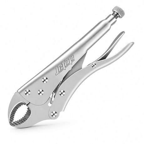 JcTop 10-inch silver curved jaw locking pliers with serrated jaws, adjustment screw and release lever on a white background.
