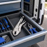 JcTop curved jaw locking pliers resting in an organised tool drawer inside a professional plumbing service van.