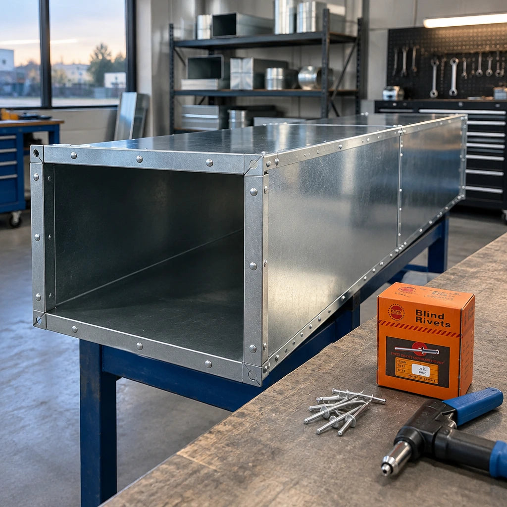 Completed HVAC duct panel with neat JcTop blind-rivet fastening and the rivet pack resting on an inspection bench.