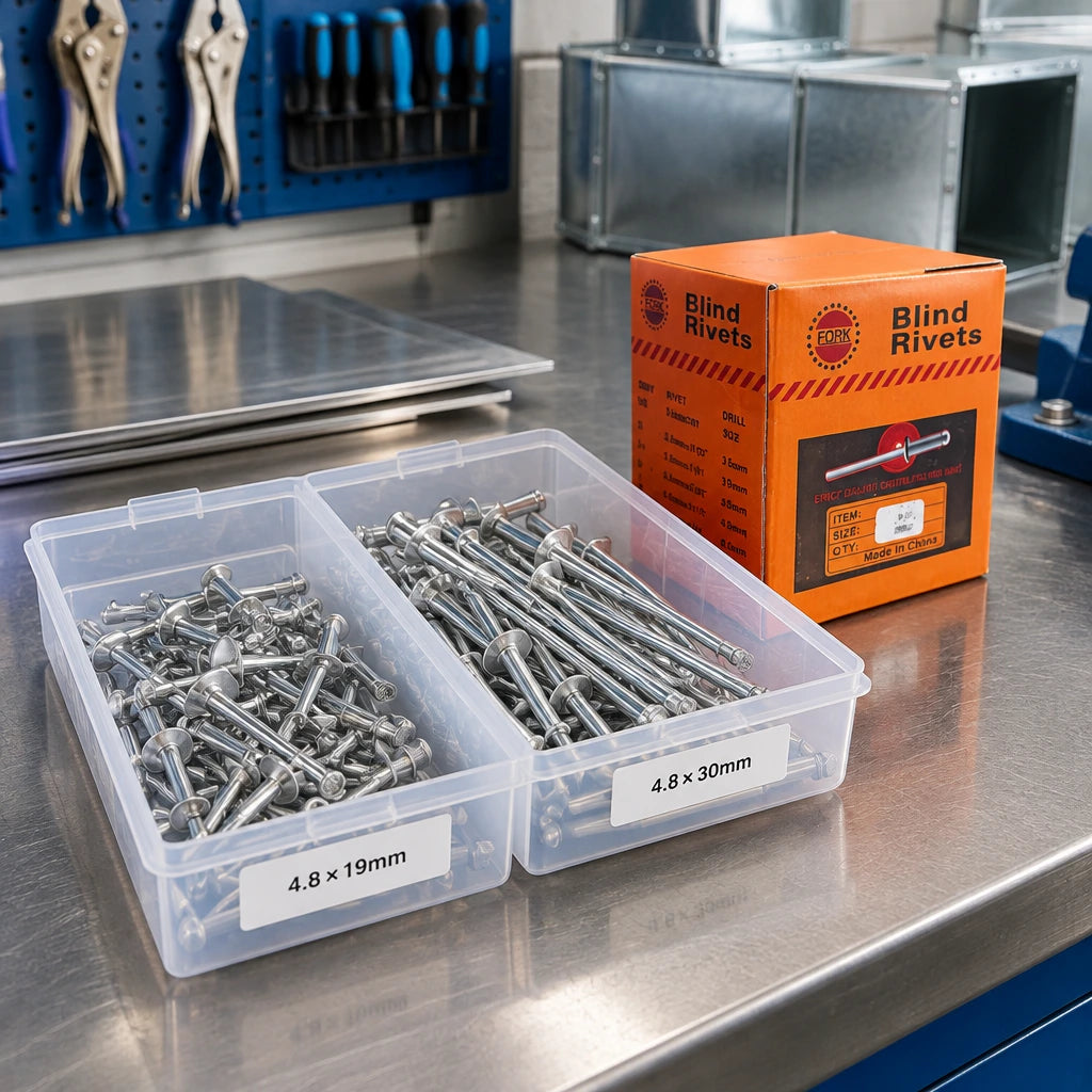 JcTop SRC blind rivets stored by length in an organised sheet-metal fabrication workshop parts organiser.