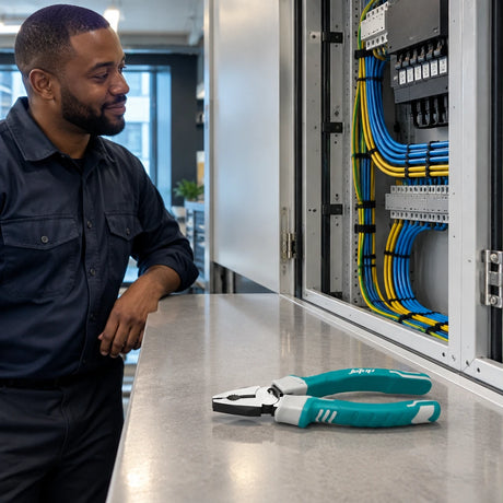 Completed wire routing in an electrical cabinet with JcTop combination pliers resting nearby
