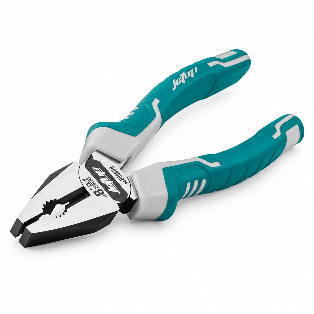 JcTop 8-inch teal and grey combination pliers with serrated jaws and integrated wire cutter on a white background