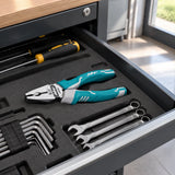 JcTop combination pliers resting in an organised maintenance drawer in a professional electrical room