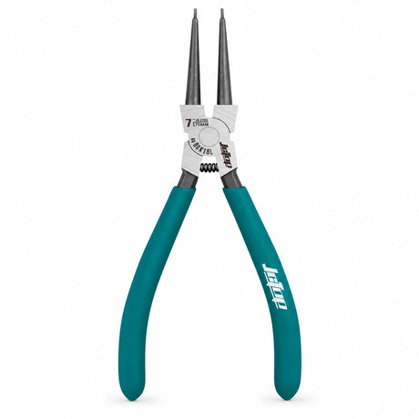 JcTop 7-inch teal-handled straight-tip circlip pliers with spring-loaded handles on a white background.