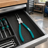 JcTop straight-tip circlip pliers resting in an organised mechanical workshop tool drawer.