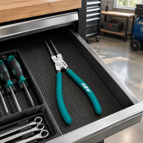 JcTop straight-tip circlip pliers resting in an organised mechanical workshop tool drawer.