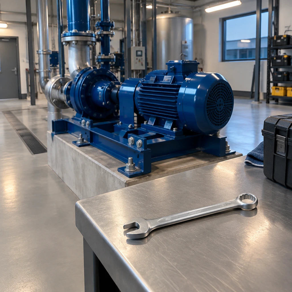 Completed pump maintenance with a JcTop 19mm combination spanner resting on a plant-room service bench