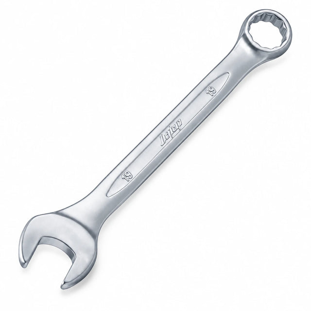 JcTop 19mm silver metric combination spanner with open and ring ends on a white background