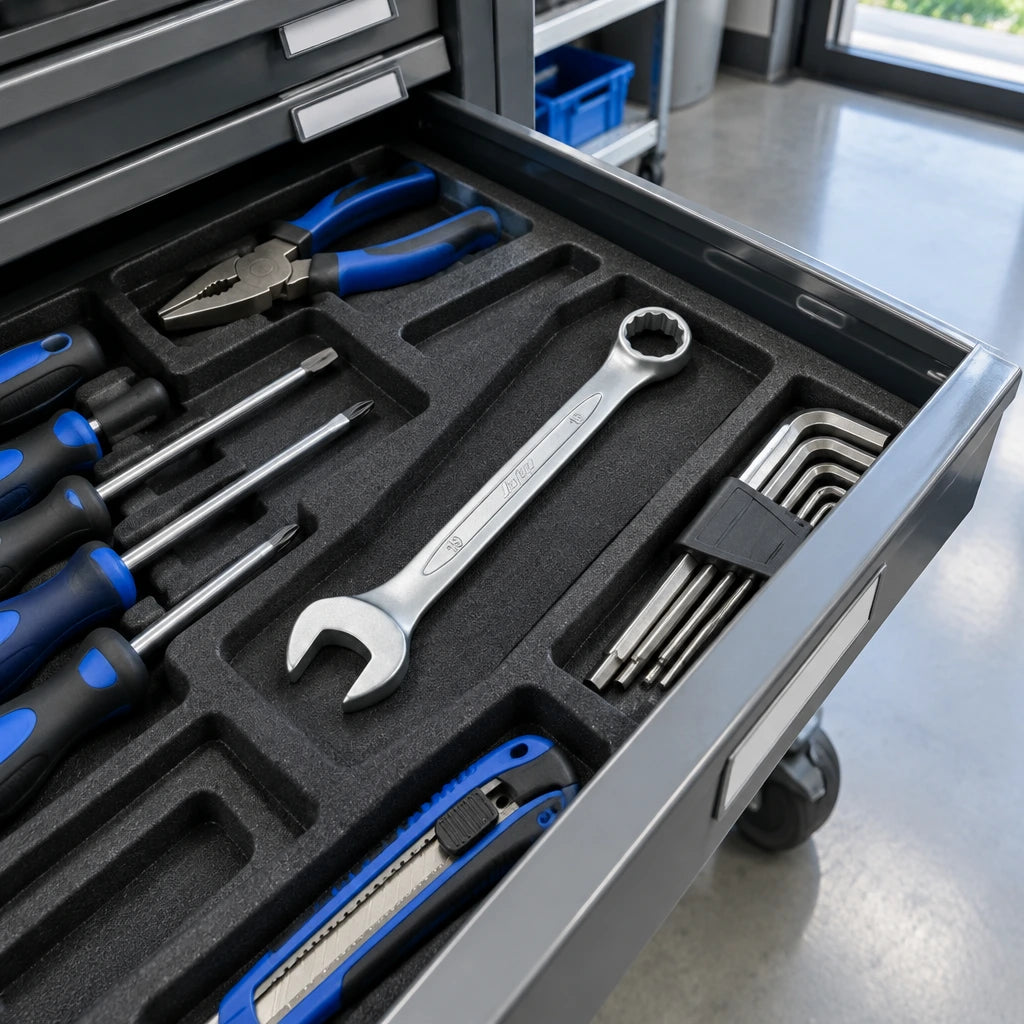 JcTop 19mm combination spanner resting in an organised maintenance tool drawer