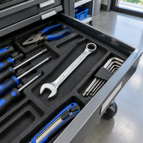 JcTop 19mm combination spanner resting in an organised maintenance tool drawer