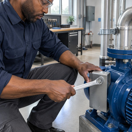 African American facilities technician using a JcTop 19mm combination spanner on a pump bracket in a plant room
