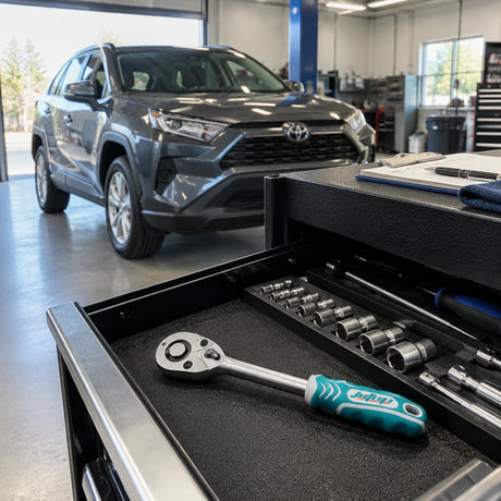 Serviced vehicle ready to leave a professional bay with the JcTop reversible ratchet returned to its tool drawer