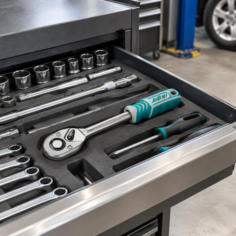 JcTop teal-handled reversible ratchet stored in an organised automotive tool chest drawer