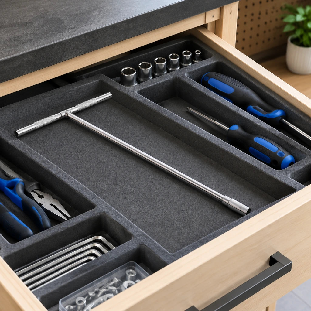 JcTop T-handle socket wrench resting in an organised home workshop drawer.