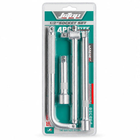 JcTop four-piece 1/2-inch drive socket accessory set in clear retail blister packaging on white background