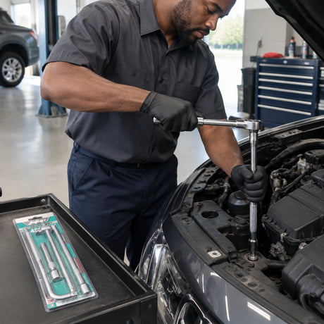 Mechanic using a JcTop 1/2-inch socket accessory to reach a recessed automotive fastener