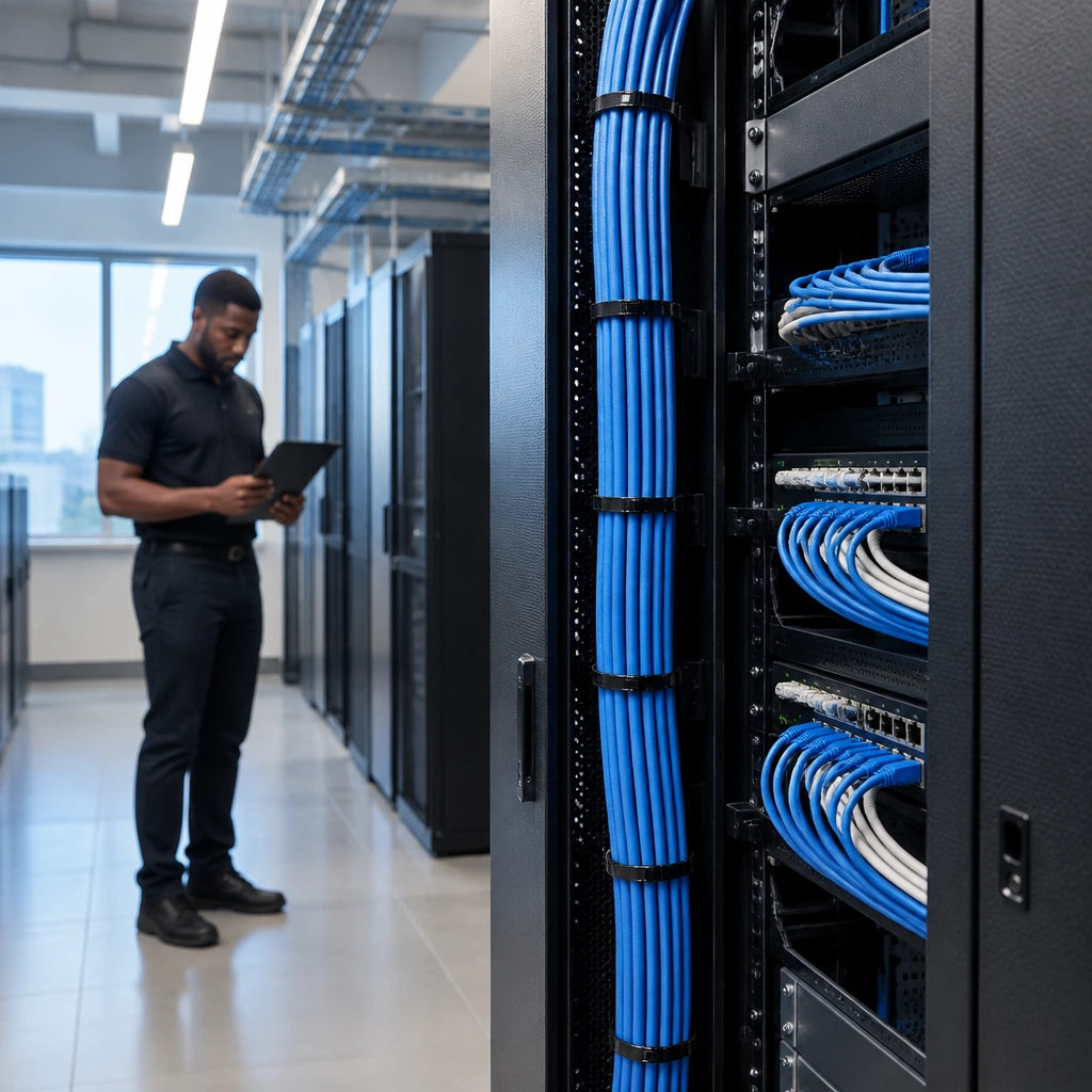 Neatly secured cable bundle beside an organised communications rack after using black nylon cable ties.