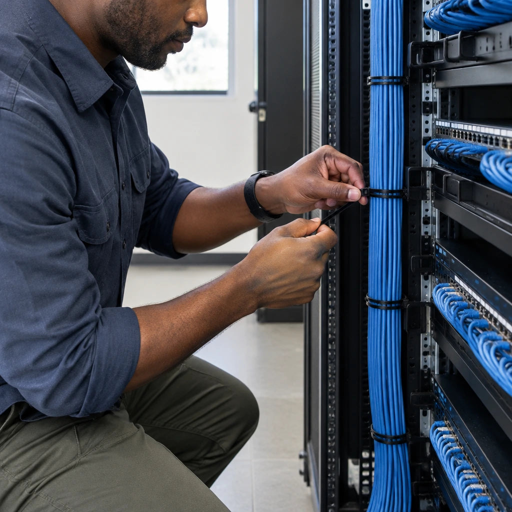 African American maintenance technician tightening a black self-locking cable tie around an organised cable bundle.