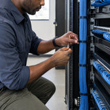 African American maintenance technician tightening a black self-locking cable tie around an organised cable bundle.