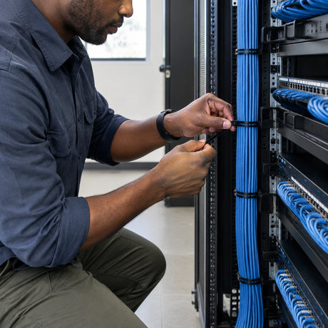 African American maintenance technician tightening a black self-locking cable tie around an organised cable bundle.