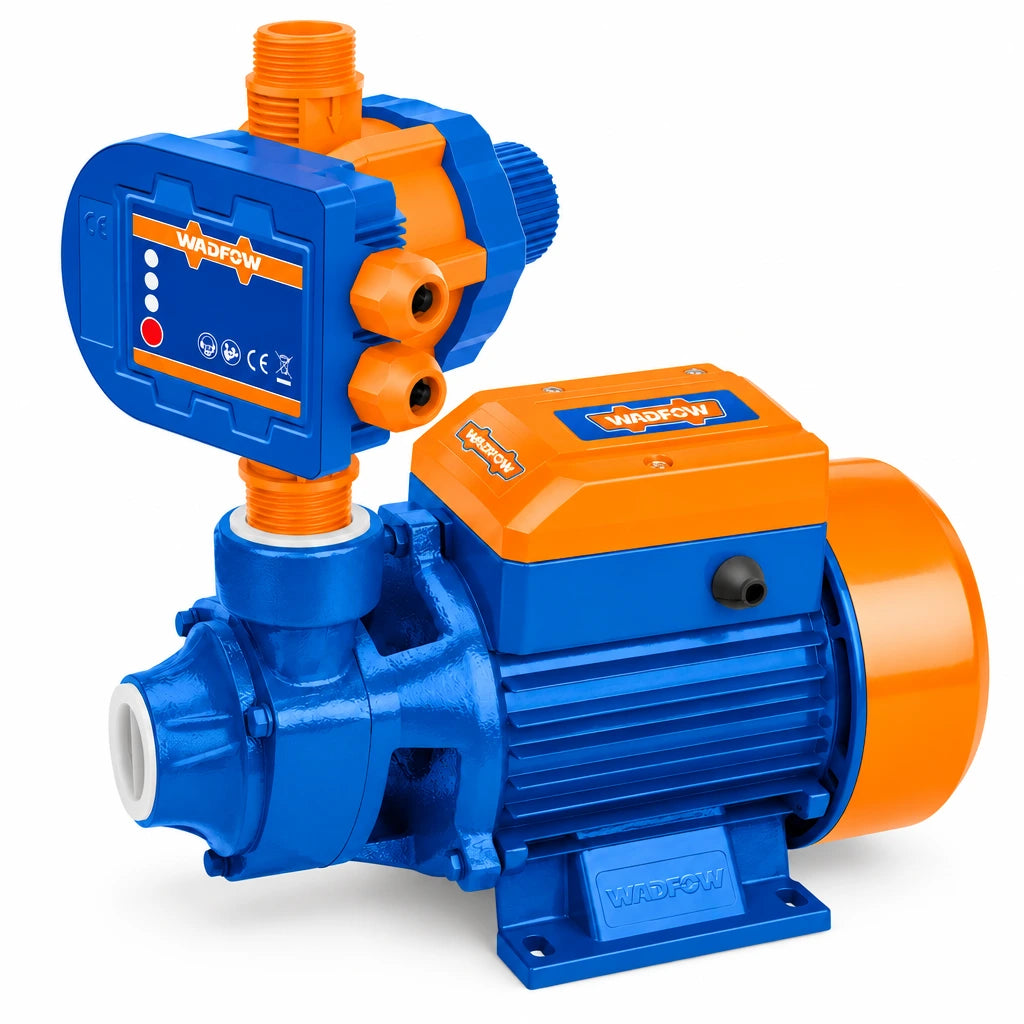 Wadfow 1HP household water pressure pump with matching automatic controller on a white background