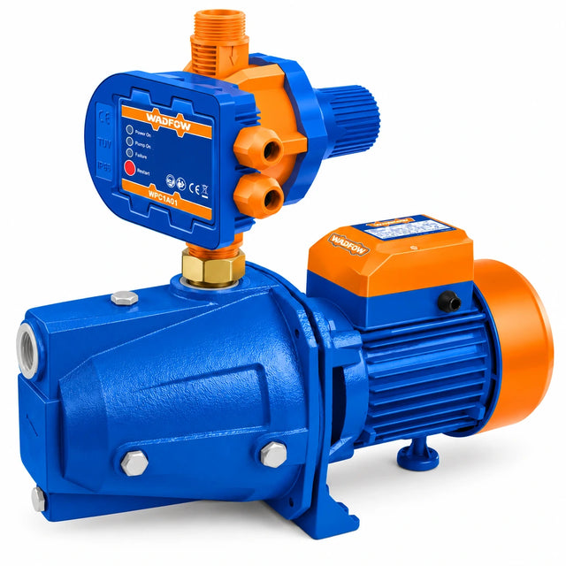Wadfow 1HP self-priming jet pump with WPC1A01 automatic pressure controller on a white background