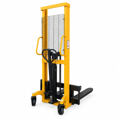 Atlas SDJ1000 yellow 1-ton manual hydraulic stacker with black mesh guard and forks on white background