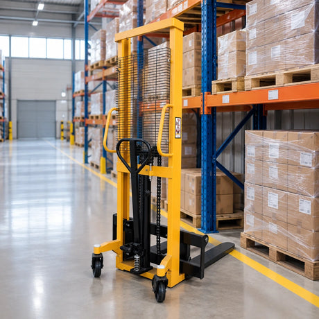 Atlas yellow manual hydraulic stacker parked beside pallet racking in an organised warehouse aisle