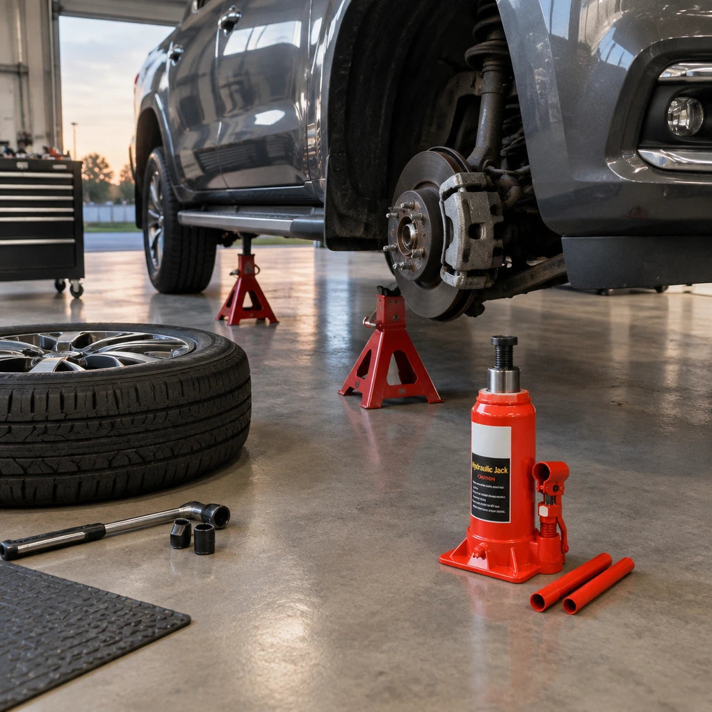 Vehicle safely supported on axle stands after an Atlas hydraulic bottle jack lifting task in a professional workshop.