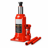 Atlas red hydraulic bottle jack with two-piece pump handle on a white background.