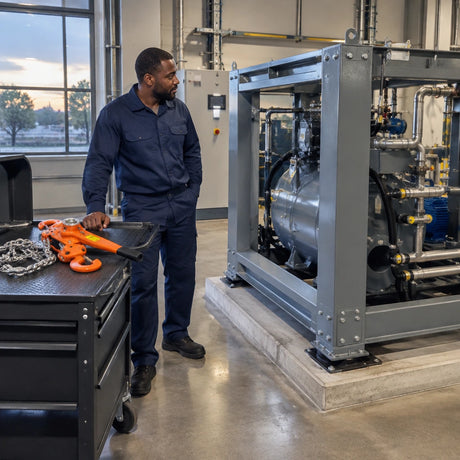 Aligned steel machinery in a finished plant room with an Atlas manual lever block resting on an equipment cart