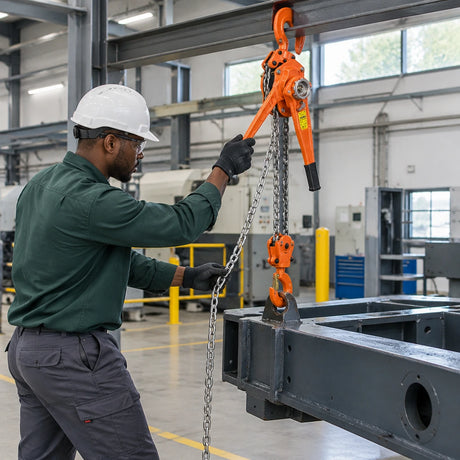 African American maintenance technician using an Atlas manual lever block to align a steel machine frame in a plant room
