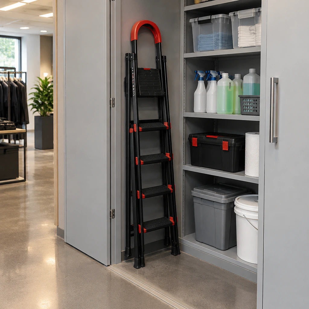 Folded Mary black steel step ladder stored upright in an organised retail maintenance cupboard