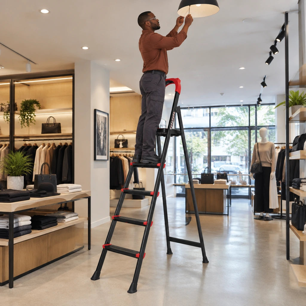 African American facilities technician using a Mary black steel step ladder to service a retail ceiling light