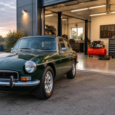 Road-ready classic coupe beside an inactive Mirage 2HP 50L air compressor after tyre service at a clean workshop.