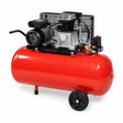 Mirage 2HP belt-driven electric air compressor with red 50L tank, V-twin pump and wheels on a white background.