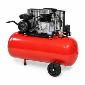 Mirage 2HP belt-driven electric air compressor with red 50L tank, V-twin pump and wheels on a white background.