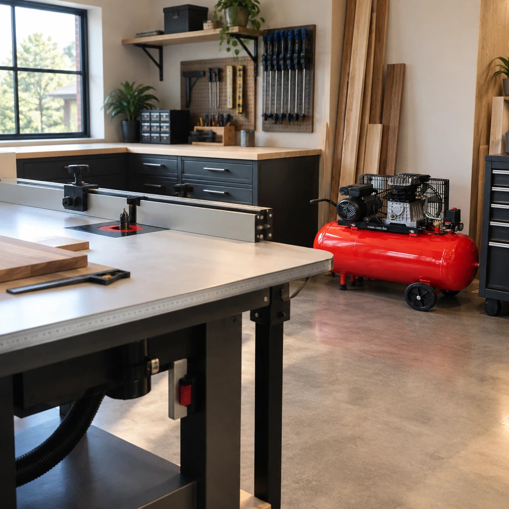 Clean woodworking router table ready for use with the inactive Mirage 100L electric air compressor nearby.