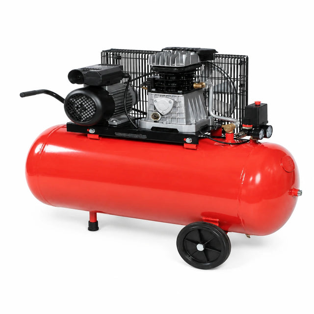 Mirage 2HP electric air compressor with red 100L horizontal tank, wheels and guarded pump assembly on white background.