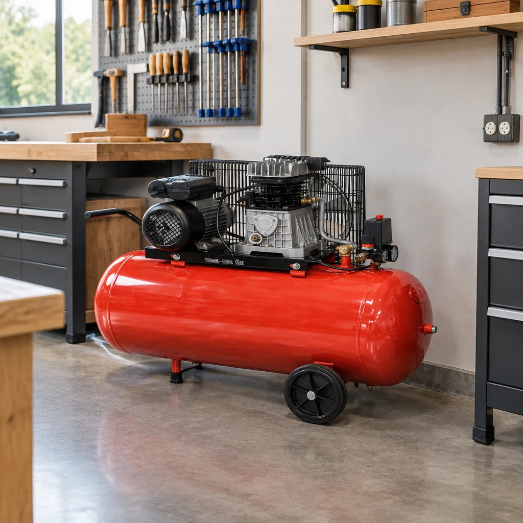 Mirage red 100L electric air compressor parked beside a workbench in an organised woodworking workshop.