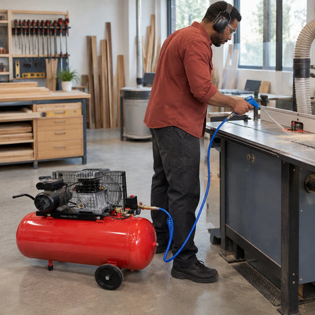 African American workshop technician using a Mirage 100L electric air compressor to blow sawdust from a router table.