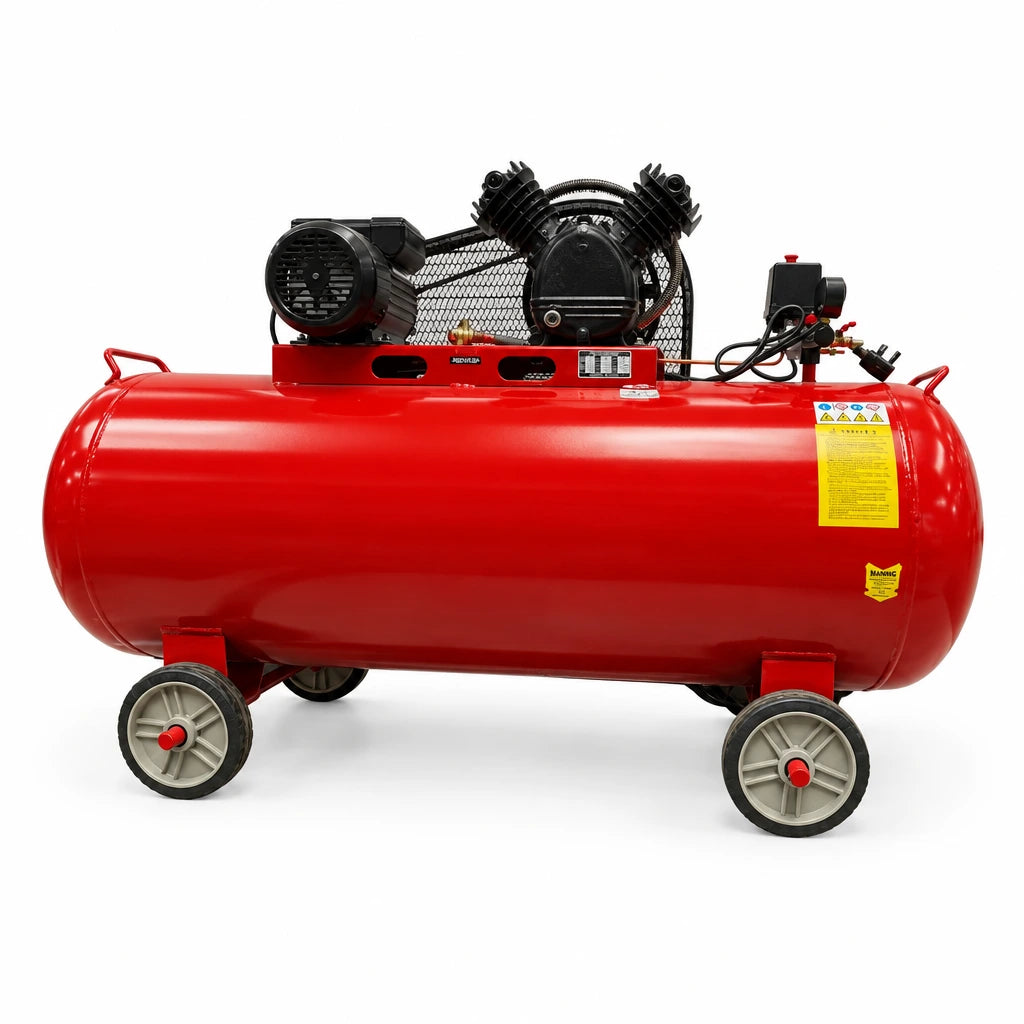 Mirage V-0.67/8-300 red 300L three-phase belt-driven air compressor on a white background.