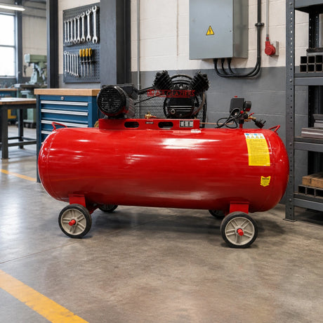 Mirage 300L red air compressor parked beside an organised fabrication workshop service area.