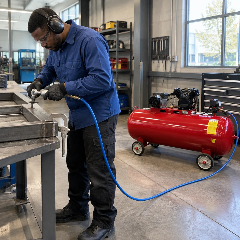African American fabrication technician uses a pneumatic die grinder supplied by the Mirage 300L air compressor on a steel weld seam.
