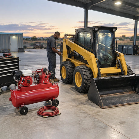Serviced site equipment ready for work beside an inactive Mirage gasoline air compressor in a remote staging area