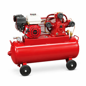 Mirage gasoline engine air compressor with horizontal red tank, belt-driven pump, gauge and wheeled frame on white background
