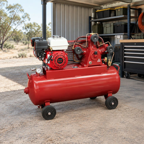 Mirage gasoline air compressor parked beneath a clean remote maintenance shelter on a wheeled frame