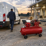 Serviced commercial van ready to leave beside the inactive Mirage MY2065Q200 mobile gasoline air compressor